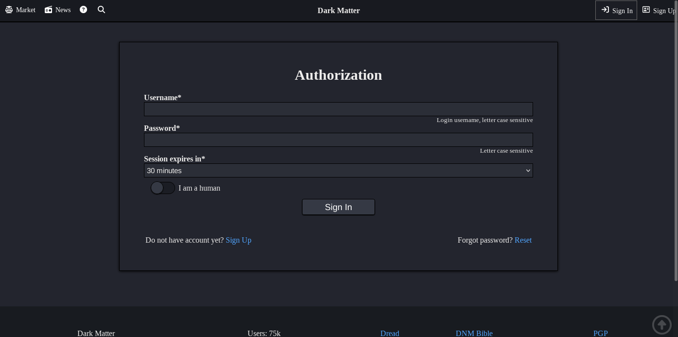 Dark Matter Market Login Interface