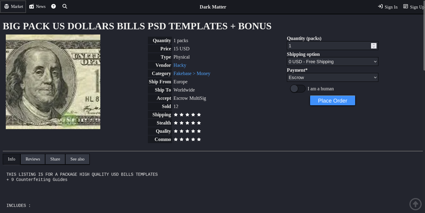 Dark Matter Market Product Listing Interface