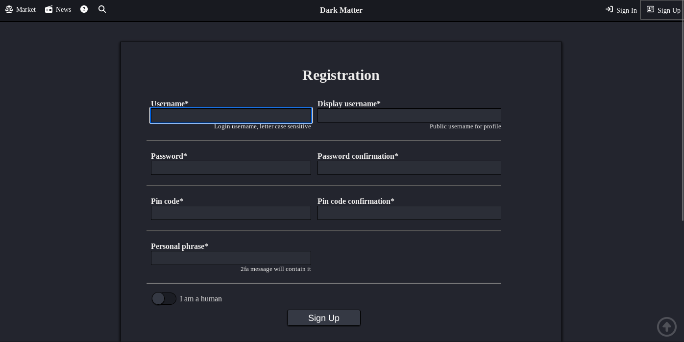 Dark Matter Market Registration Interface