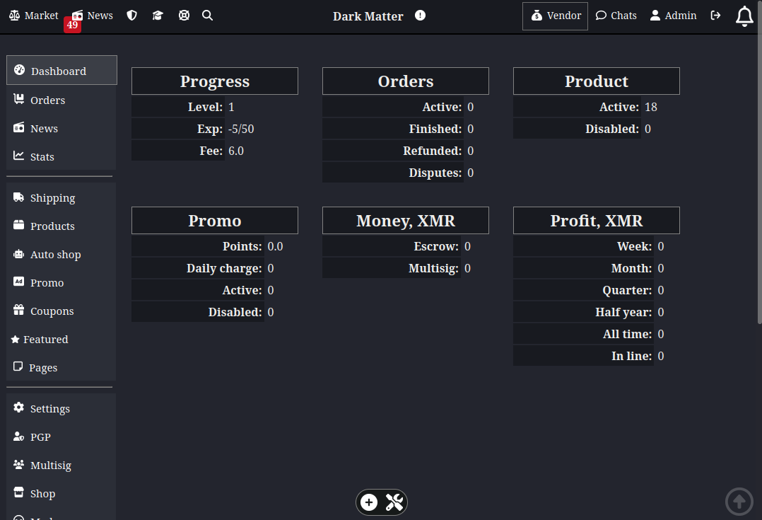 Dark Matter Market Vendor Dashboard Interface